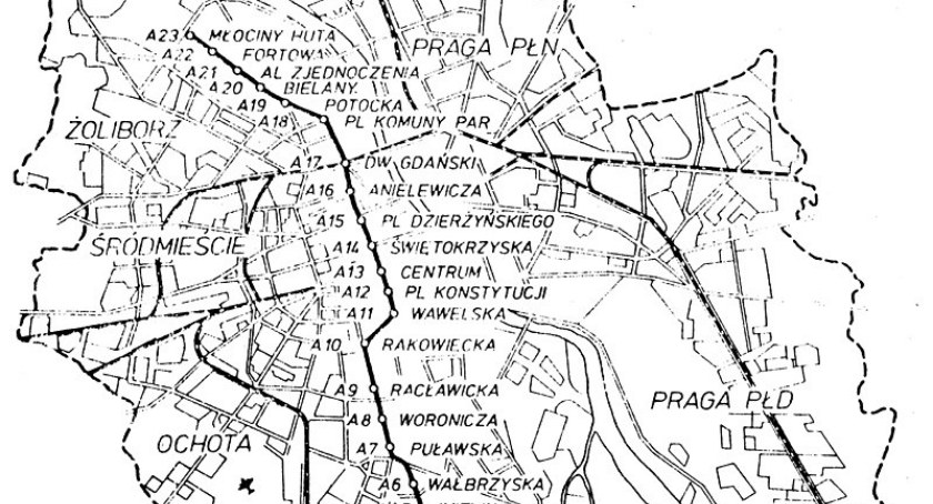 Taki był pierwotny projekt pierwszej linii metra. Źródło: wikipedia, Biuro Projektów Budownictwa Komunalnego i Specjalnego „Metroprojekt” - Biuletyn Informacyjny o Budownictwie 6/1983