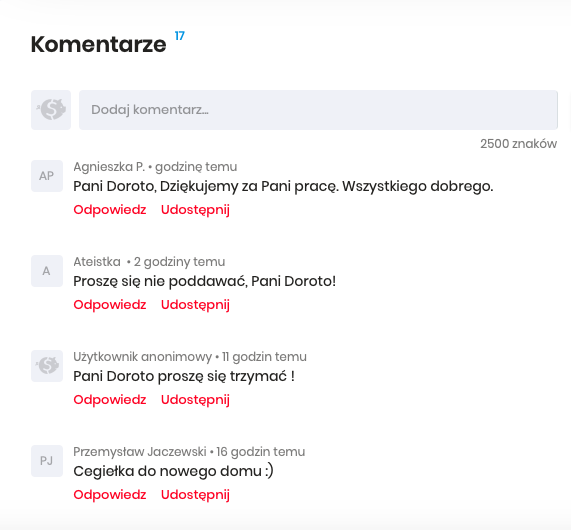 Aktualnie na stronie Dorotę Wójcik wspierają prawie 1,5 tys. osób. 